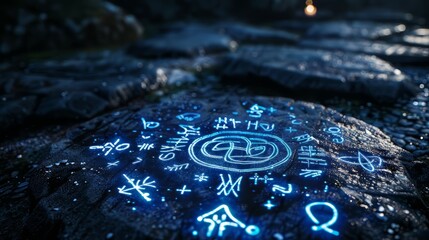Blue glowing runes and patterns on black stone