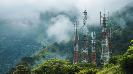 cell phone towers high in the mountains - obrazy, fototapety, plakaty