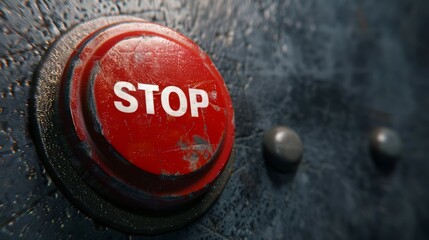 Close-up, large red button with the word "STOP" on a black background