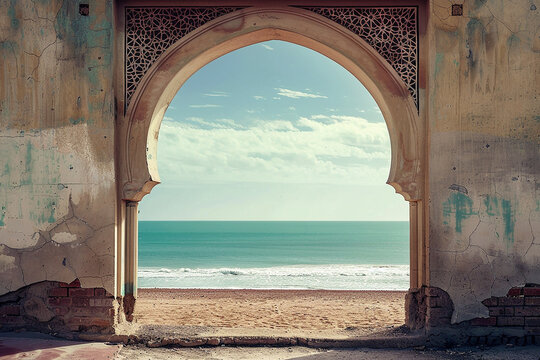 Generative AI Image of Frame of Entrance Gate with Destroyed Wall and Beach View in Summer