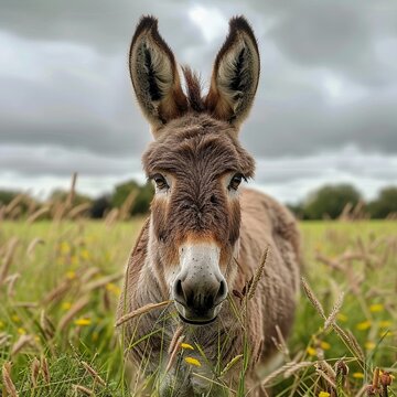 Meadow Muse Majestic closeup of a donkey, its playful demeanor and robust form captured, as it enjoys the lush meadows of its home , high resolution
