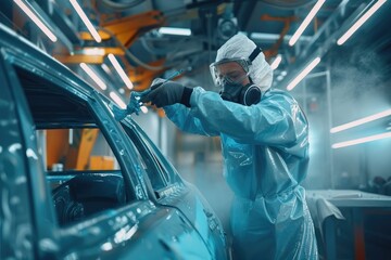 Automotive worker spraying paint on a car - The image captures the precision required in automotive painting, showing a worker in protective gear attentively spray painting a vehicle