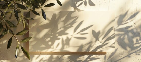 A summer-themed mock-up setting with a blank vertical greeting card featuring the shadow of olive tree leaves and branches. The scene is set on a beige table background in the sunlight,