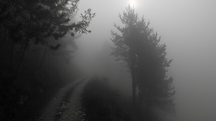 The dense fog casts a shroud of mystery and uncertainty concealing the path ahead for those struggling to find their way. - obrazy, fototapety, plakaty