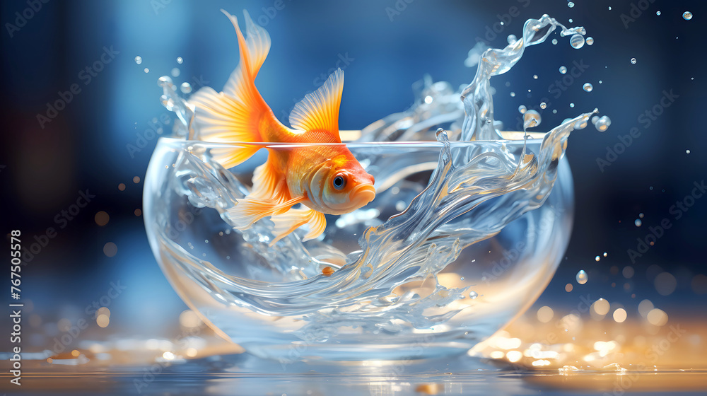 Wall mural Goldfish jumping out of the water in a fishbowl. water world. fauna and biology. concept of achieving goal and freedom