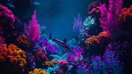 sharks colourful coral aquarium, neon noir style
