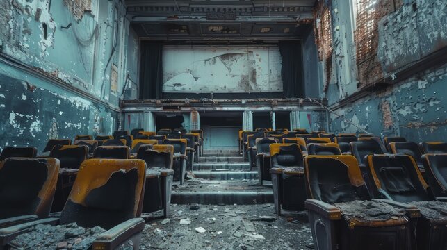 Old abandoned movie theater with many chairs