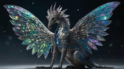 In a breathtaking macro high fashion photograph, a celestial-inspired endangered species captivates with its sultry beauty. The main subject is a mythical creature of shimmering silver and opalescent 