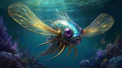 A shimmering archetypal insectoid fishlike creature, with pearlescent wings that delicately flutter in the gentle current of an underwater world. This exquisite being is captured in a digital painting