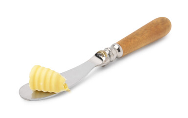 Butter curl and knife isolated on white