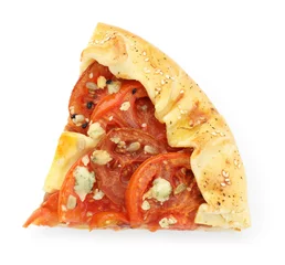  Piece of tasty galette with tomato and cheese (Caprese galette) isolated on white, top view © New Africa