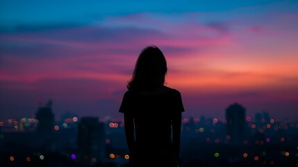 Fototapeta premium Silhouette of woman standing against beautiful skyline