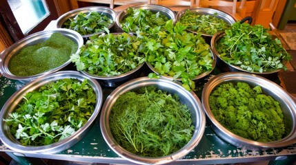 Obraz premium a table topped with lots of metal bowls filled with different types of leafy veggies next to each other.