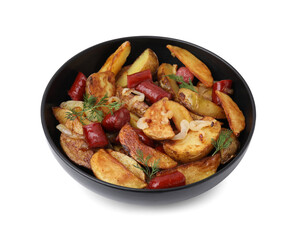 Delicious baked potato with thin dry smoked sausages, onion and dill in bowl isolated on white
