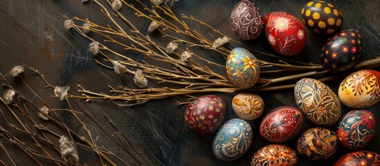 A still life display featuring Pysanka, intricately designed Easter eggs, dried willow branches on a dark wooden surface, as seen from above with room for text. - obrazy, fototapety, plakaty