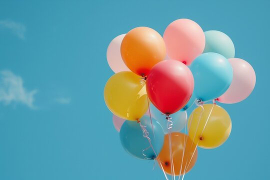 Bunch of colorful balloons against clear blue sky with copy space, balloons flying in the blue sky