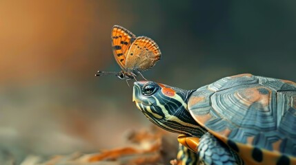 a butterfly stand on the nose of a turtle with blur background