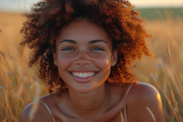 Close up fashion portrait two different races women hugging, black African American and white redhead with freckles touching their heads faces to each other on summer nature grass background
