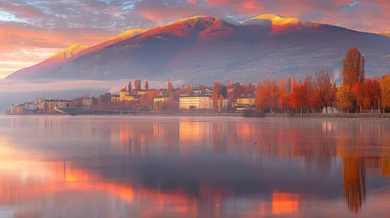 Foto auf Acrylglas  a body of water with a mountain in the background and a city in the foreground with trees in the foreground. © Olga