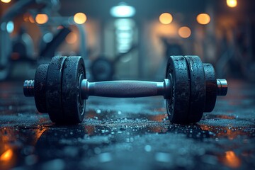 A detailed image of a dumbbell resting on the floor inside a fitness room - obrazy, fototapety, plakaty