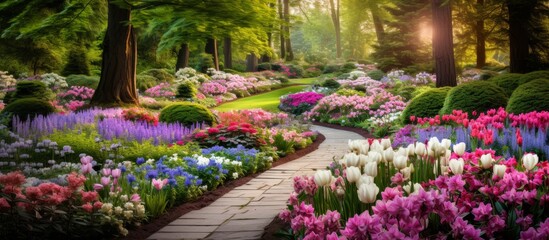 Fototapeta na wymiar Walking along a floral path in the garden, surrounded by colorful flowers and towering trees. The natural landscape is filled with magenta petals, terrestrial plants, and lush green grass