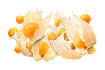 Fototapeta premium Ripe orange physalis fruits with calyx falling on white background