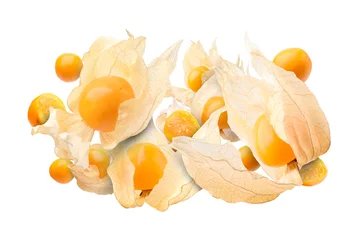  Ripe orange physalis fruits with calyx falling on white background © New Africa