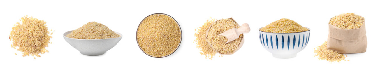 Dry uncooked bulgur isolated on white, set