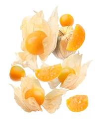  Ripe orange physalis fruits with calyx falling on white background © New Africa
