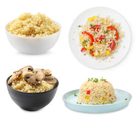 Delicious cooked bulgur isolated on white, set