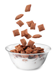 Corn snack. Cereal pads with filling falling into bowl against white background