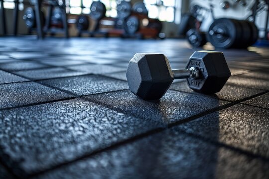 A detailed image of a dumbbell resting on the floor inside a fitness room