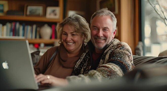 Happy smiling 50 year old white couple, looking at a laptop, beautiful home environment, freeze motion