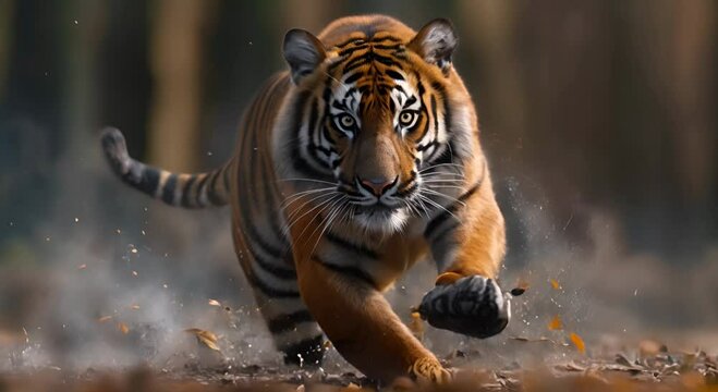 tiger pouncing forward, its muscles taut with power, with its claws extended ready to seize, and eyes focused on the target. It's frozen in action, showcasing the beauty of this predatory