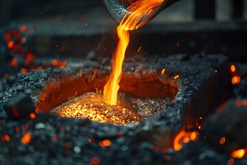 Molten metal poured into mold in green sand casting process a common technique in metal industry. Concept Metal Industry, Green Sand Casting, Molten Metal, Production Process, Manufacturing Tech