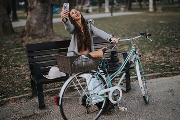 Obraz premium A businesswoman enjoying a moment of relaxation in the park with her bicycle and a hat resting on the bench.