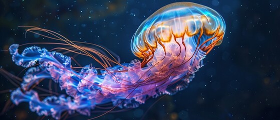 Ethereal Drifters Closeup of a jellyfish, its translucent body glowing with iridescent colors against the deep blue sea, embodying the grace of the oceans ballet , vibrant
