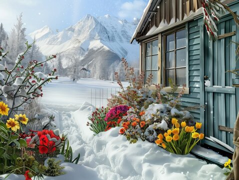 A house with a blue door and a window. The house is surrounded by snow and has a garden with flowers