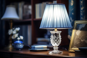 Obraz premium home lamp with lampshade on the table. electric lamp. home interior and equipment. lighting in the house