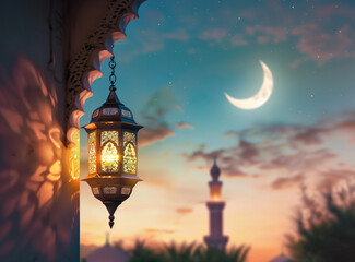 Fototapeta na wymiar Ramadan Background with lantern in the night, Eid Background