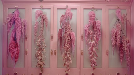  a pink display case filled with lots of pink and white hair hanging from it's sides and hanging from it's sides.