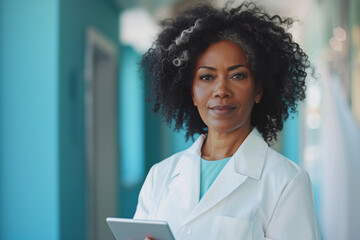 A Black woman in her mid-60s wearing white coat with a determined expression stands confidently against a bright blue background. lady doctor holding a tablet. 