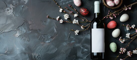 Blank white labeled wine bottle displayed from above on a dark stone table with Easter decorations, providing space for copying.
