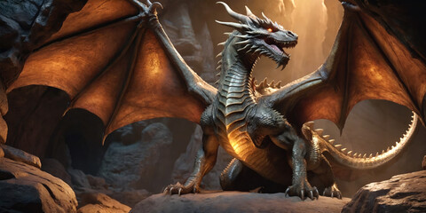 Ai generated illustration with a majestic dragon in its cave  