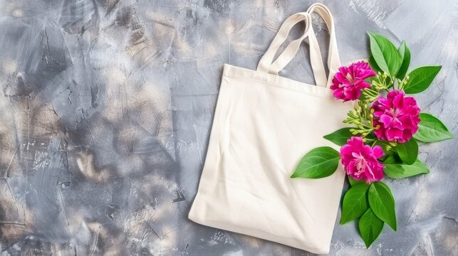  a white tote bag with pink flowers and green leaves on a gray background with a white tote bag with pink flowers and green leaves on a gray background.