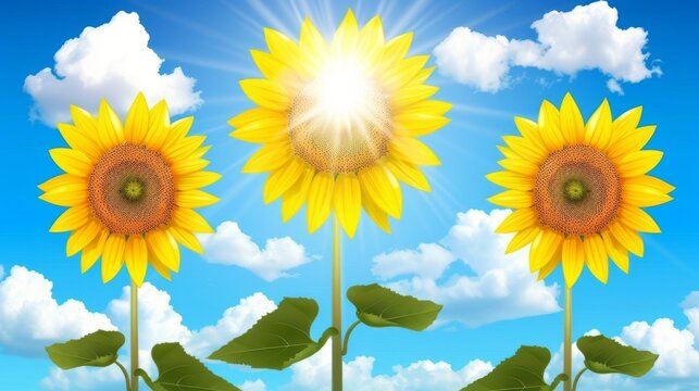  three sunflowers in the middle of a blue sky with clouds and sun in the middle of the picture.