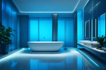 Fototapeta na wymiar Tranquil spa bathroom with soft blue illumination