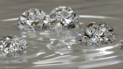  a group of diamonds floating on top of a body of water on top of a white surface with reflections on the surface.
