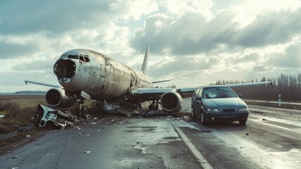 Fototapeta na wymiar Abandoned airplane and car crash on desolate road - A dramatic scene of an abandoned, crashed airplane with a vehicle on a desolate road surrounded by barren fields