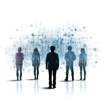 Silhouetted figures against digital pixel backdrop - Conceptual image of business people silhouettes in front of a complex digital pixel pattern background